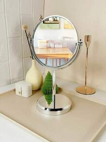 桌面化妆镜，圆形梳妆镜，双面高清化妆镜，带不锈钢旋转放大镜，适用于卧室梳妆台、宿舍、办公室、家居装饰，女士最佳礼物 - 銀色 - 查看 3