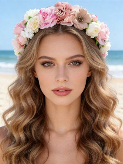 1pc Colorblock Faux Pink Floral Wreath, Paired With Flowing Ribbon Headband, Suitable For Beach, Outdoor Wedding, Daily Outing, Coronas, Tiara