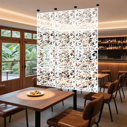 RibasuBB 12-Pack Hanging Room Dividers, Square Hollow Carved Wall Decor, Adjustable Partition Screens For Bedroom, Living Room, Office, And Dining Area, White