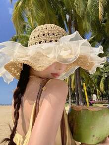 1pc New Summer Beach Vacation Style Sun Hat For Women, Lace Straw Hat, Sun Protection, Breathable Bucket Hat - Multicolor - View 6