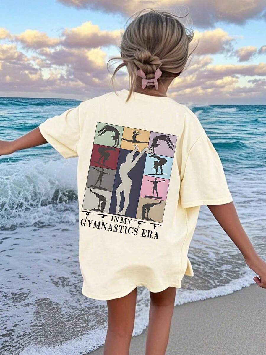 Retro Gymnastics Themed Graphic Tween Girls Oversized Short Sleeve T-Shirt, Casual Street Style Top For Spring/Summer, Suitable For Outdoor Activities And Play, Easy Care - Apricot - View 1