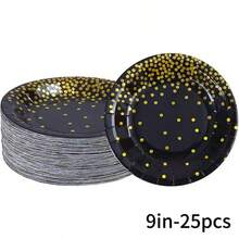 15/25/45/80 piezas Platos desechables de papel grueso a prueba de fugas de 7/9 pulgadas, con lunares negros y dorados, platos redondos de fácil limpieza, adecuados para bodas, cumpleaños, fiestas, graduaciones, Navidad, Acción de Gracias, Halloween, Ramadán, Pascua, campamentos - Estampado en caliente de lunares en negro - Ver 9
