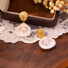 2件套时尚简约夏季海滩度假百搭不锈钢优雅海洋吊坠和珍珠耳环，女士款 - 彩色 - 查看 3