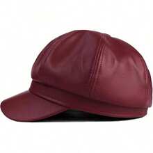 Women's PU Leather Newsboy Cap 8 Panel Paperboy Newsie Cap Bakerboy Beret Cabbie Hat, Fashionable Headwear - Dark Brown - 查看 4