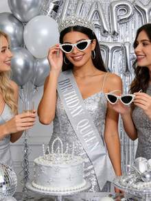 3件套女士生日配饰套装，包括：1条生日腰带、1个生日皇冠、1条女孩生日腰带、1个生日皇冠发箍、1副女孩生日眼镜，闪亮时尚的生日派对礼物 - 皇冠生日套銀 - 查看 2