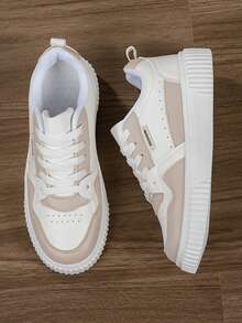 Sneaker casual da donna per autunno/inverno, con lacci, suola morbida, piatte e confortevoli, da skateboard, leggere, basse, per uso quotidiano - Beige - Visualizzare 4