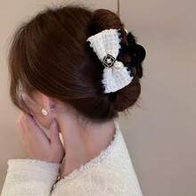 Camellia Knitted Elegant Bowknot Claw Clip, Flocked Pearl Hair Claw For Updo Hair - Multicolor - View 6