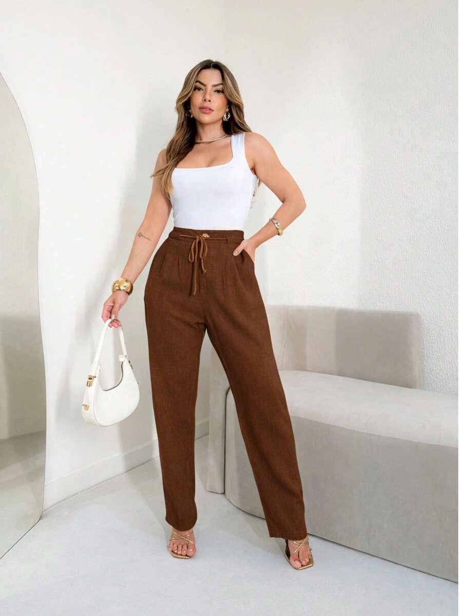 Women's Linen Trousers With Drawstring Belt Detail. - Rust Brown - View 1