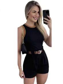 Short Set With Side Pockets And Zipper Closure, Includes Adjustable Belt + Cropped Top - Black - View 3