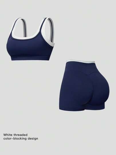  MFVIM Spring/Summer Navy Blue Camisole & Shorts Sports Set, Women Casual Activewear Outfit, Blue & White Contrast Design Lifting Waist, Slim Fit Breathable Comfortable, Essential For Outdoor Running Cycling Yoga Pilates Gym Workout