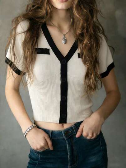 女士春夏休闲/工作时尚现代罗纹黑色滚边撞色假口袋V领短袖纽扣针织上衣