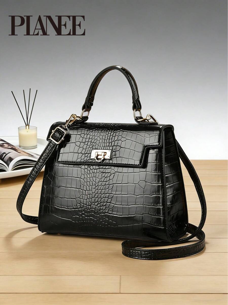 鳄鱼纹凯莉款手提包，配有顶部提手和可调节斜挎肩带，女士款 - 黑色 - 查看 1