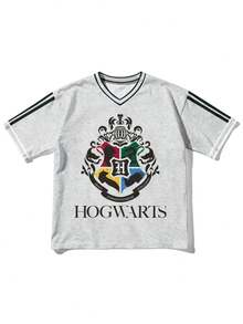 SHEIN X Harry Potter 女士V领上衣，将协作元素融入设计，打造活力时尚的造型 - 花灰色 - 查看 3