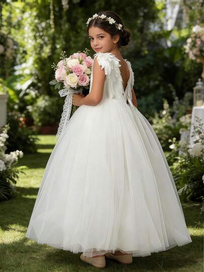 Vestido de fiesta con espalda de plumas blancas y escote profundo en V con malla para niña preadolescente, vestido de princesa elegante para fiestas de cumpleaños, bailes de graduación, bodas, damas de honor, celebraciones festivas