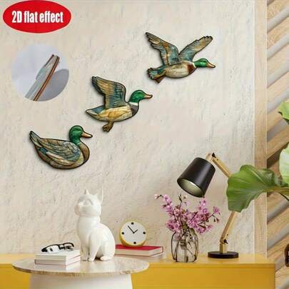 3件套2D平面木质印花绿头鸭装饰牌，适用于家居、农舍、客厅、咖啡厅装饰