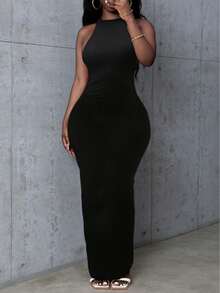 LovelyWholesale Women's Sexy Elegant Spaghetti Strap Backless Solid Color Slim Fit Dress, Summer Party Black - Black - View 7