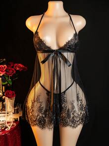 性感内衣套装，吊带开衩连衣裙套装配丁字裤 - 黑色 - 查看 9