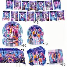 Hasbro 96件套韩流动漫主题派对用品套装，包含一次性餐具套装（含横幅）、9英寸和7英寸餐盘、9盎司杯子、刀叉、餐巾纸和桌布，适合女孩主题派对 - 彩色 - 查看 11