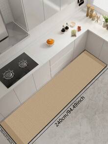 1pc Silica Gel Kitchen Mat, Woven Linen-Like Pattern On Light Beige Base, Subtle Crosshatch Texture, Narrow Solid Trim, Rustic Natural Yet Modern Minimalist Aesthetic, Surface Fabric, Middle Sponge Absorbent, Bottom Rubber Non-Slip Waterproof Kitchen Rug - Multicolor - View 11