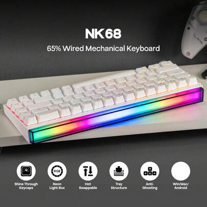 AJAZZ NK68 有线机械键盘，65% 布局，舒适静音游戏键盘，侧刻键帽，支持热插拔多色背光 DIY，多系统即插即用，适用于游戏和办公用途