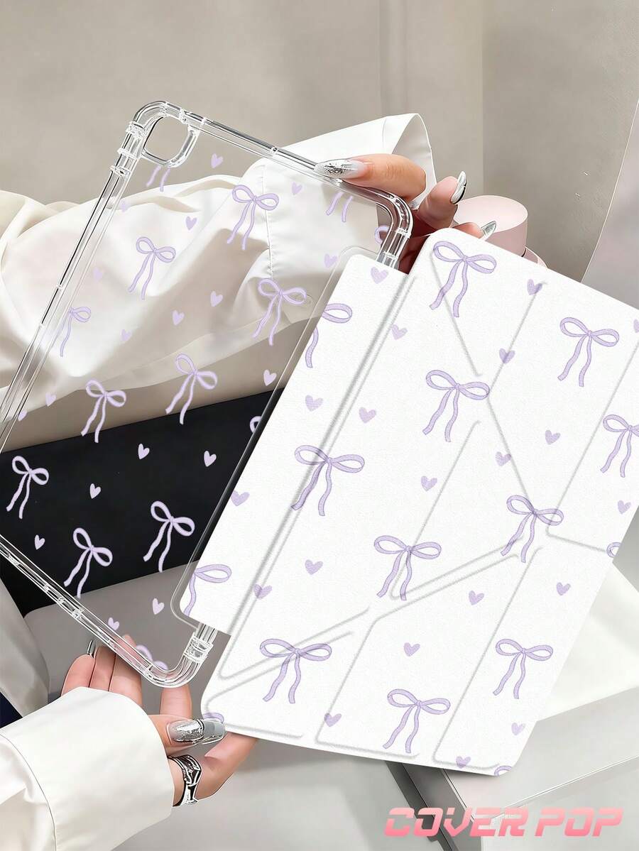 优雅紫色蝴蝶结花卉图案透明水晶平板电脑保护套，兼容第十代/11（A16）2025（11英寸）、Pro 11（2021/2020）/Air 7（11/13英寸）、Galaxy Tab 和 Kindle 第十一代（2022）。创意个性化礼物，带自动睡眠/唤醒功能。