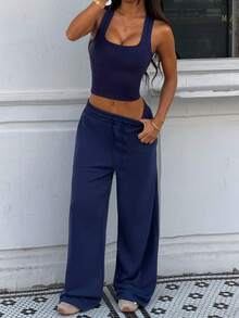 2pcs Women Casual Square Neck Sleeveless Crop Top And Drawstring Waist Pants Set, Made Of Stretchy Fabric, Suitable For Daily Wear - Navy Blue - View 3