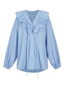 Blusa para mujer nueva colección primavera-verano 2026, estilo casual vacacional, cuello con volantes, cierre de botones - Azul - Ver 3