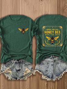Women's Double-Sided Print T-Shirt, Support Local Bees Tee, Vibrant Bee Design, Soft Breathable Cotton Blend, -Friendly Casual Top For Nature Lovers, Outdoor & Vacation - 墨綠色 - 查看 1