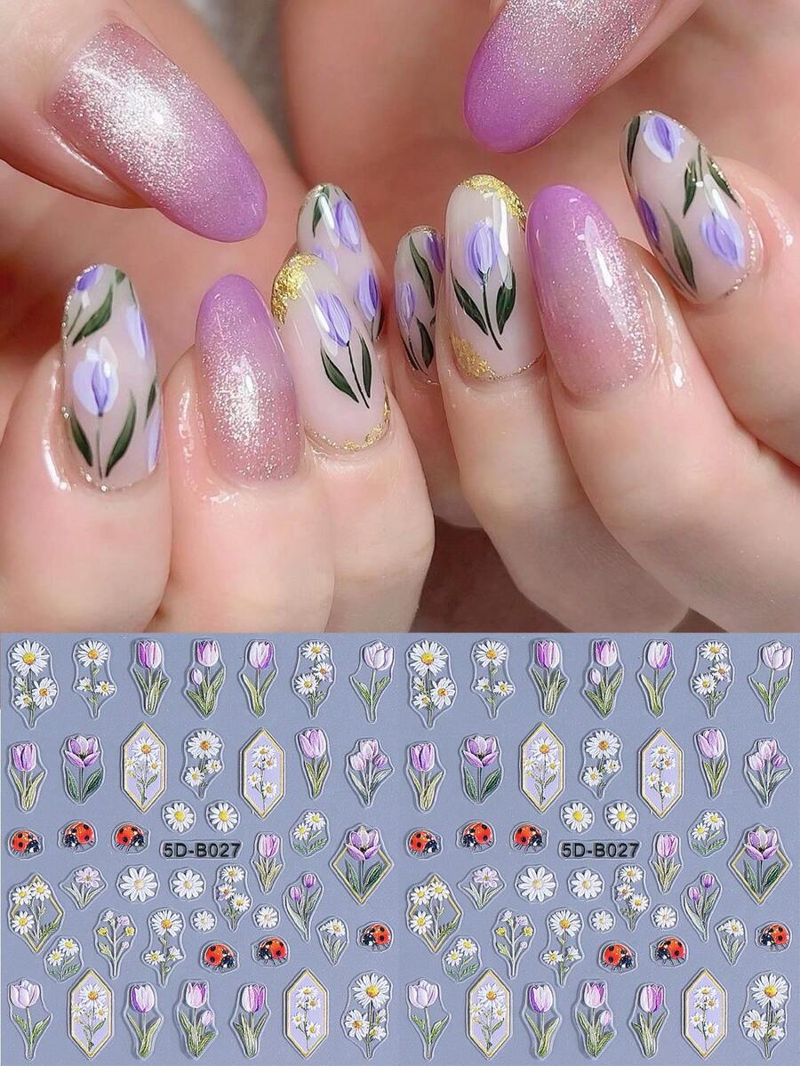 2片/套 5D立体郁金香雏菊春季花卉美甲贴纸，自粘式3D花叶植物图案美甲装饰，可爱日式美甲沙龙DIY配件 - 彩色 - 查看 1