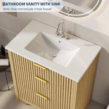 Vanidad de baño ranurada de 24 pulgadas con lavabo, gabinete de lavabo de baño independiente de granja con 2 cajones y 1 cajón desplegable, fácil montaje y limpieza - Roble natural - Ver 4