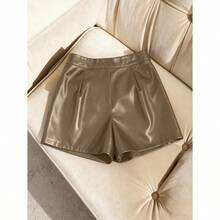 Women's Fashion Street Casual Workplace Commute PU Leather Single-Breasted Lapel Pocket Loose Shorts Burgundy Shorts Women Leather Shorts High Waist Shorts Elegant Shorts Shorts Leather Shorts For Women High Waist Shorts Woman Women Shorts Short Outfits For Women - 卡其色 - 查看 2