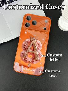 1pc Customizable Text & Letter Design Phone Case With Pink Sakura Scroll Pattern & Hollow Details, Made Of Tempered Glass, Suitable For IPhone 17 ProMax/17 Air/15/16 Pro/14 Plus/13 Pro/12 Pro Max/11 Models, Tempered Glass Camera Protection, Tempered Glass Back Cover, Large Window Phone Protective Case, Best Gift For Friends And Family - Orange - View 4