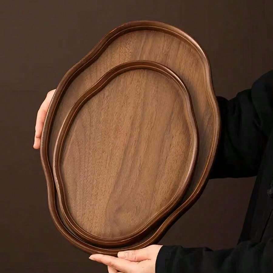 1pc Walnut Oval Serving Tray, Suitable For Holding Food, Snacks, Beverages, Sushi, Steak, Pizza, Desserts, Cakes, Breads, Also Can Be Used As Breakfast Tray, Coffee Tray, Tea Tray, Dinner Plate, Food Serving Platter - Maroon - View 1