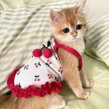 可爱猫咪背心，适合春、夏、秋季穿着，适合美国短毛猫、幼猫和小型犬。另有兔子服装和宠物服装可选。春夏款细肩带樱桃连衣裙，红色，适合宠物猫狗穿着。 - 紅色 - 查看 4