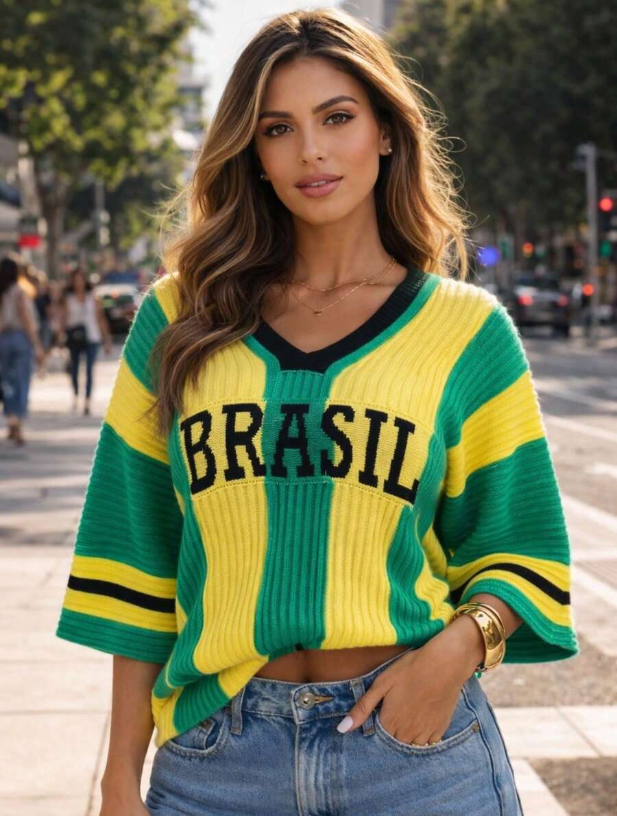 Women's Striped Knit Crochet Blouse With V-Neck, Oversized Sleeves, Loose Fit, Brazil World Cup 2026 Sweater - Màu vàng - Xem 1