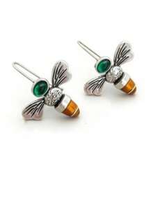 一对复古波西米亚风黄绿色蜜蜂设计耳环，适合女性日常、派对、旅行佩戴，可作珠宝礼物。 - 銀色 - 查看 3