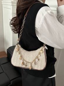 Fashionable Shell Pearl Straw Underarm Bag, Casual Versatile Commuter Bag, Unique High-End Shoulder Bag - White - View 3