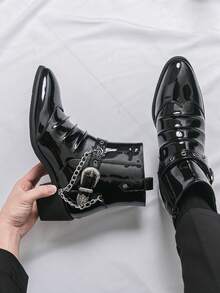 加大码男士高帮复古休闲鞋，经典链条装饰踝靴，适合秋冬季节，舒适透气，百搭街头风，适合徒步旅行，简约纯色时尚 - 黑色 - 查看 6