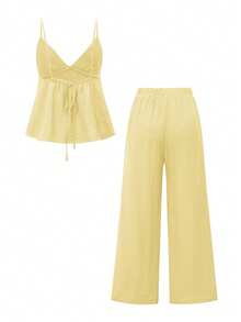 Vaiaye 女士两件套：优雅吊带上衣和宽松抽绳裤，亚麻深V露背吊带上衣搭配宽松腰裤，性感可爱优雅浪漫夏季两件套 - 黃色 - 查看 4