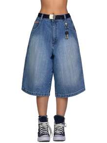 Women's Oversized High-Waisted Denim Cargo Shorts Light Wash Baggy Knee-Length Jean Shorts - Màu xanh lam - Xem 3