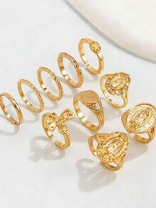 10pcs Exaggerated Rhinestone Crown & Cross Punk Fashion Finger Rings, Suitable For All Occasions, Great Gift Choice - 金色 - 查看 7