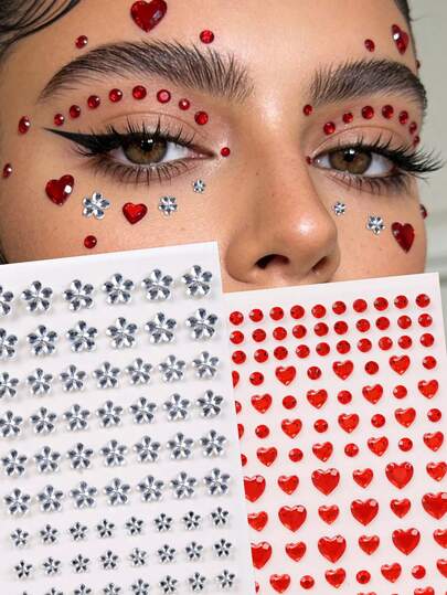 2pcs Multi-Rhinestone 3D Silver-White Shiny Floral Bindi, Big Red Heart Shaped Face Jewels, Suitable For Eyes, Nails, Face Decor, DIY Music Festival, Carnival, Valentine's Day, Y2K Party, Daily Decoration, Makeup Party, Ball