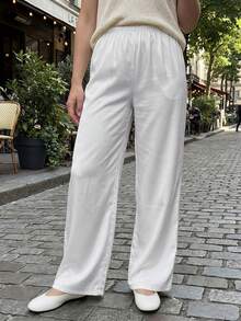 Pantalones para Mujer Marrón Sólidos, Cintura Elástica y Pierna Ancha Larga, Elegantes para Uso Casual y Fin de Semana en Verano - beige - Ver 7