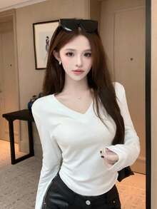 V-Neck Long Sleeve T-Shirt For Women, Autumn, Waist Cinching, Slimming, Base Layer Top - White - View 1