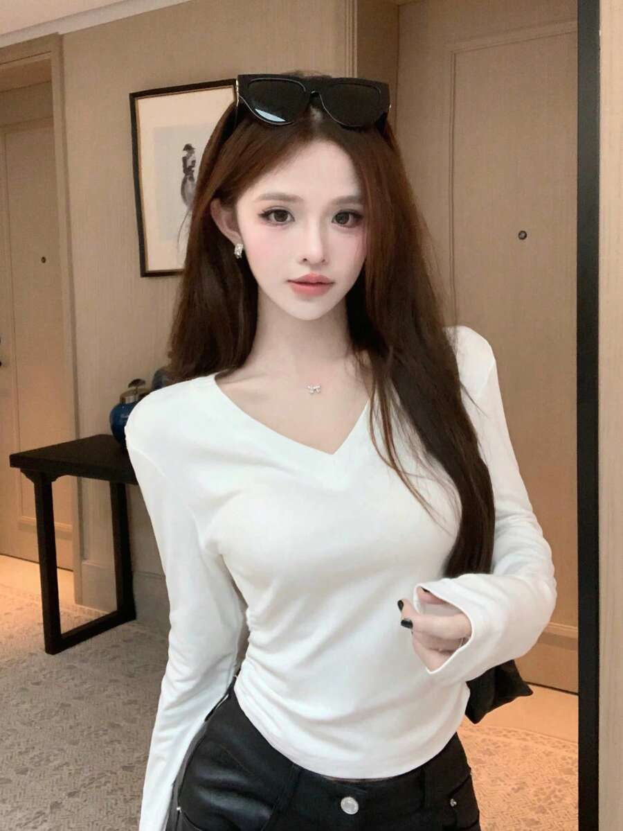 V-Neck Long Sleeve T-Shirt For Women, Autumn, Waist Cinching, Slimming, Base Layer Top - White - View 1