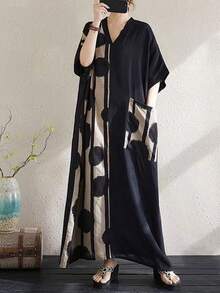 Women's Casual Long Kaftan Dress, Loose V-Neck Kimono Sleeve, Woven Fabric, Modern Polka Dot & Striped Pattern Vacation Spring Black - Black - View 2