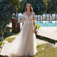Elegant Sexy V Neck Long Sleeves Lace Appliqué A Line Tulle Formal Wedding Dress,Registry Office Dresses Bridal Gown,Evening Party Dress Birthday Party Dress Country Wedding,Romantic Church Ceremony Wedding Dress,Suitable For Wedding,Dating,Party,Singles' Party,Vacation,Formal Occasions,Dinner Dress,Prom Dress,Homecoming Dess,Cocktail Party,Wedding Guest Dress,Graduation - 白色 - 查看 5