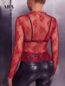 女士红色透视蕾丝网纱上衣，性感长袖透视衬衫，Y2K派对夜店街头风夏季穿搭 - 紅色 - 查看 5