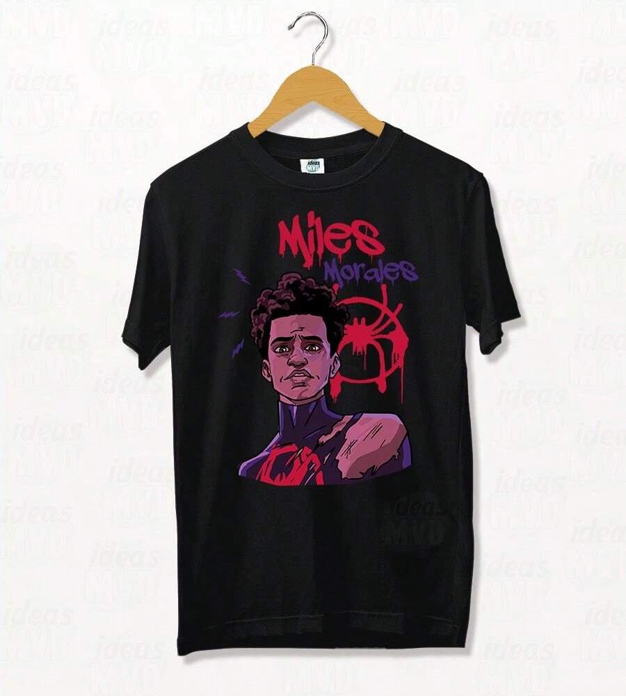 Fashion Casual TopRemera  Miles Morales (Negra),Sunshine And Cheerful Printed T-Shirt, 1 Piece, 100% Pure Cotton, Seasonal Casual Men's T-Shirt, Round Neck Pure Cotton Short Sleeved T-Shirt,All Sizes Available,Family Matching Outfits, Unisex Casual Daily Wear T-Shirt - Black - View 1