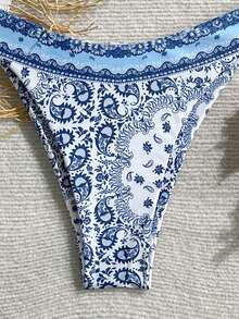 女士腰果印花波西米亚风系带露背比基尼套装 - 藍色 - 查看 5